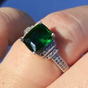 Sterling silver created emerald ring, size 7